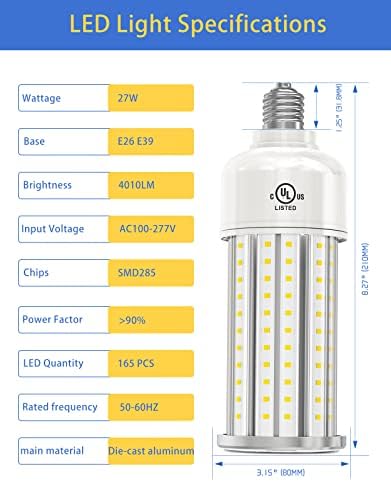 ORRGENA LED Kukorica Izzó, 27w jelű 4010Lumen UL & DLC Felsorolt 5000K Nappal E26/E39 Mogul Bázis LED lightingn Izzó