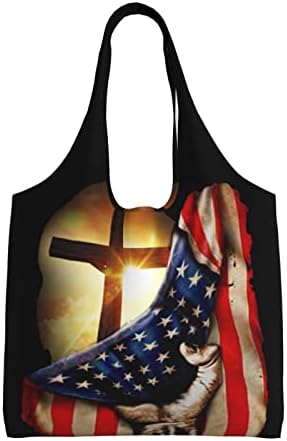 Amerikai Kereszténység Kereszt Hazafias Zászló Vászon Váll Tote Bags Újrahasznosítható Táskákat Bevásárló Táska Napi