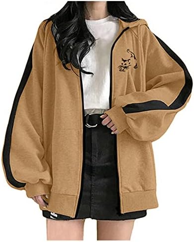 Tini Lányok Zip Pulóver Kapucnis Kabát Aranyos Macska Nyomtatás Kapucnis Kabát Női Plus Size Bő Alkalmi kapucnis felső